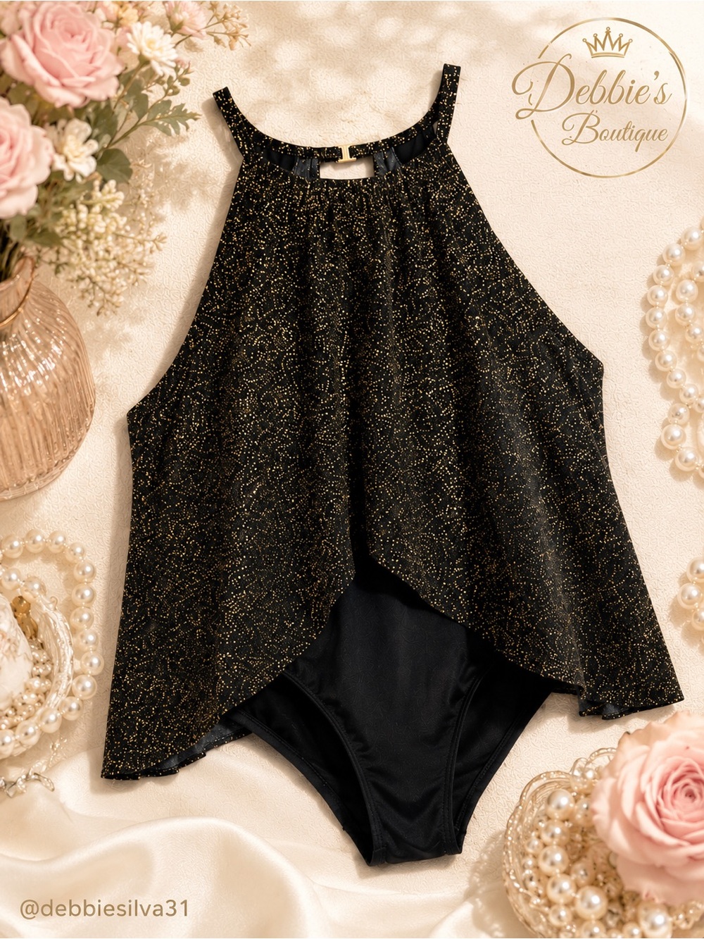 MagicSuit Black Gold Shimmer Swimdress Sz 12 Tummy Control Swimwear